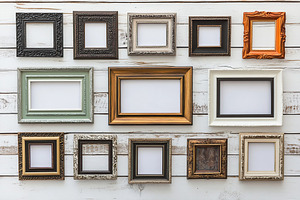 Picture photo frames on white wooden background, a Background Photo by AlyaAnd