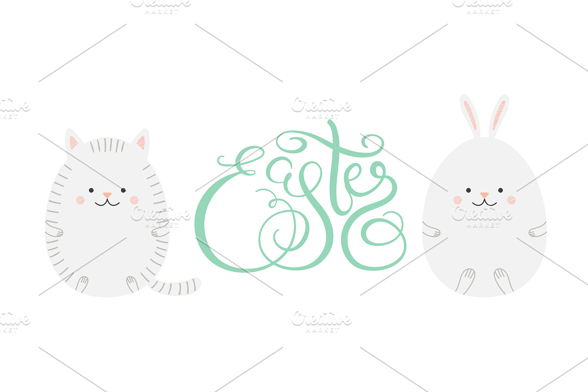 Cute cat, bunny Easter egg cartoon, a Seasonal Illustration by sceptical cactus