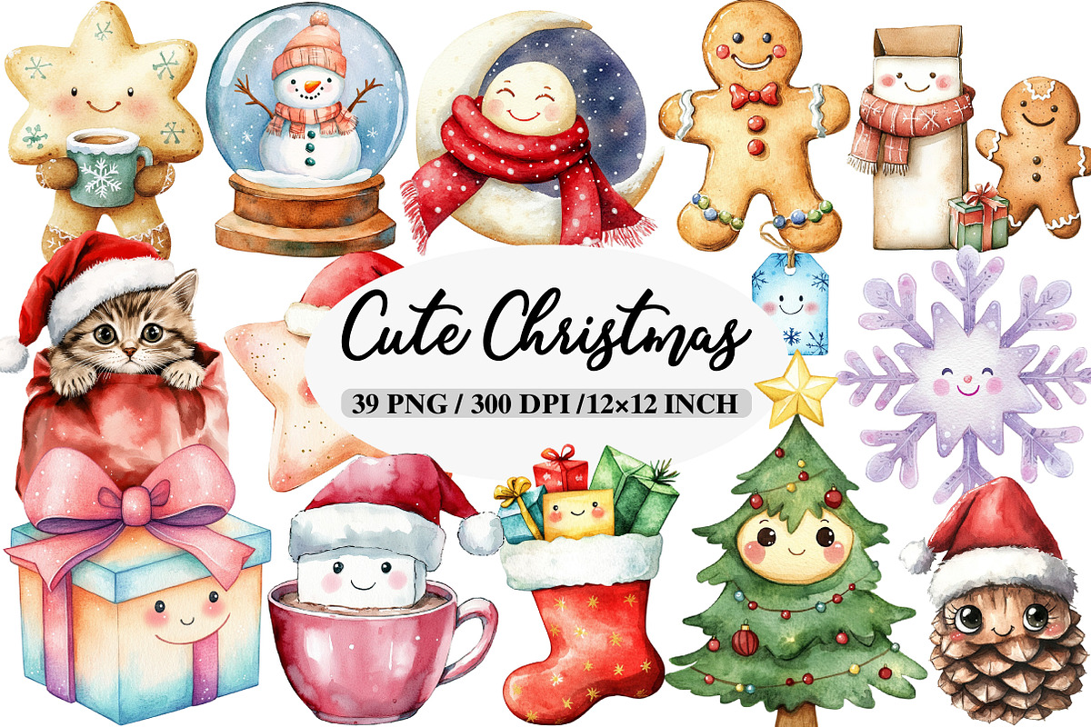 Cute Christmas Watercolor Clipart, an Illustration by Daily.Designs (Photo 1 of 5)