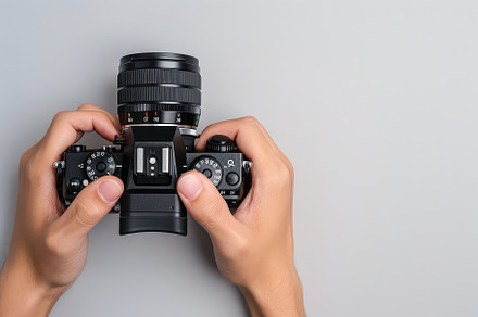 Two hands grip a DSLR camera equippe, a Photo by Tanuart