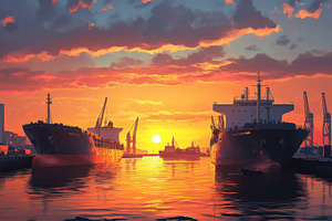 Cargo ships docked at port under, a Photo by Pavel_design