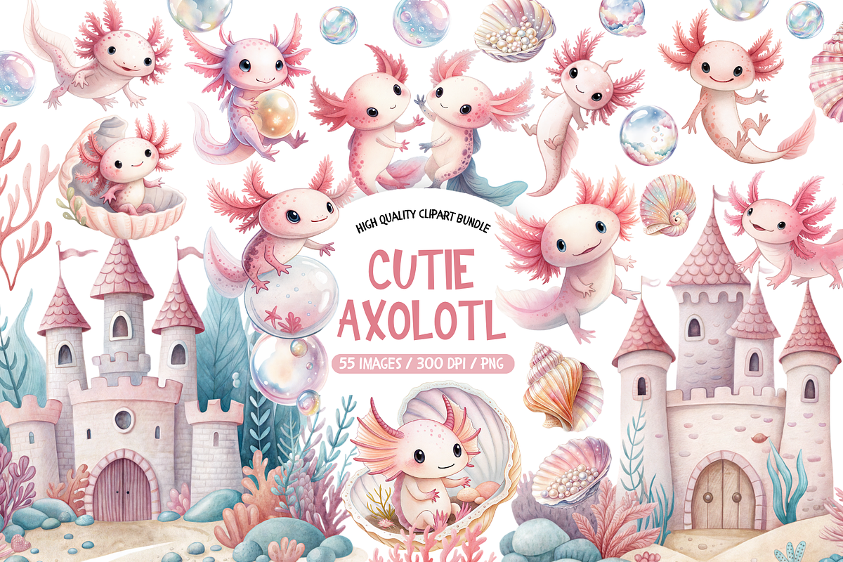Watercolor Axolotl Clipart Bundle, an Animal Illustration by TatiMockup (Photo 1 of 6)