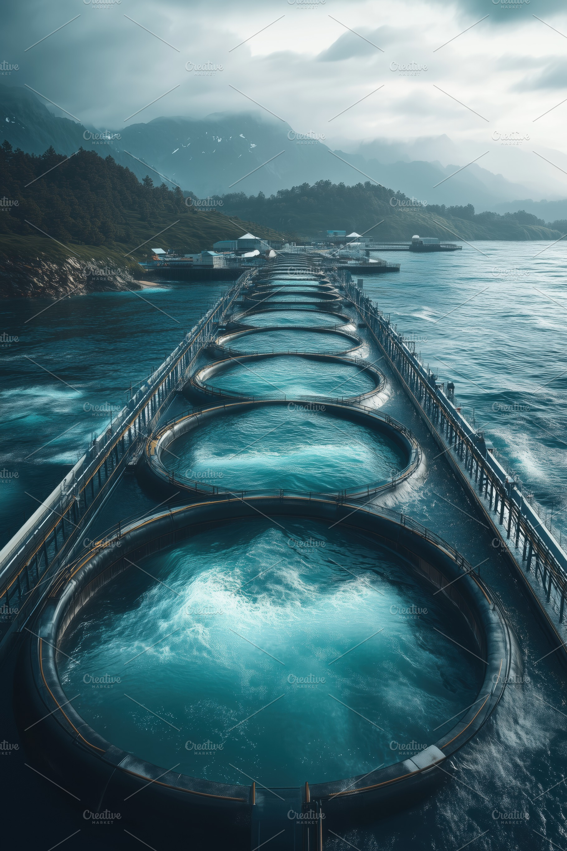 Aerial view of a large fish farm with circular tanks filled with water, surroun, a Technology Photo by Textures & Backgrounds