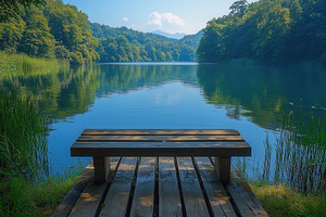Tranquil lakeside view with wooden b, a Photo by Tanuart