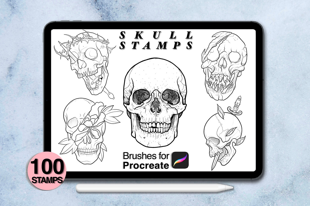 100 procreate skull stamps, a Brush Add-On by Arts For Peace (Photo 3 of 10)