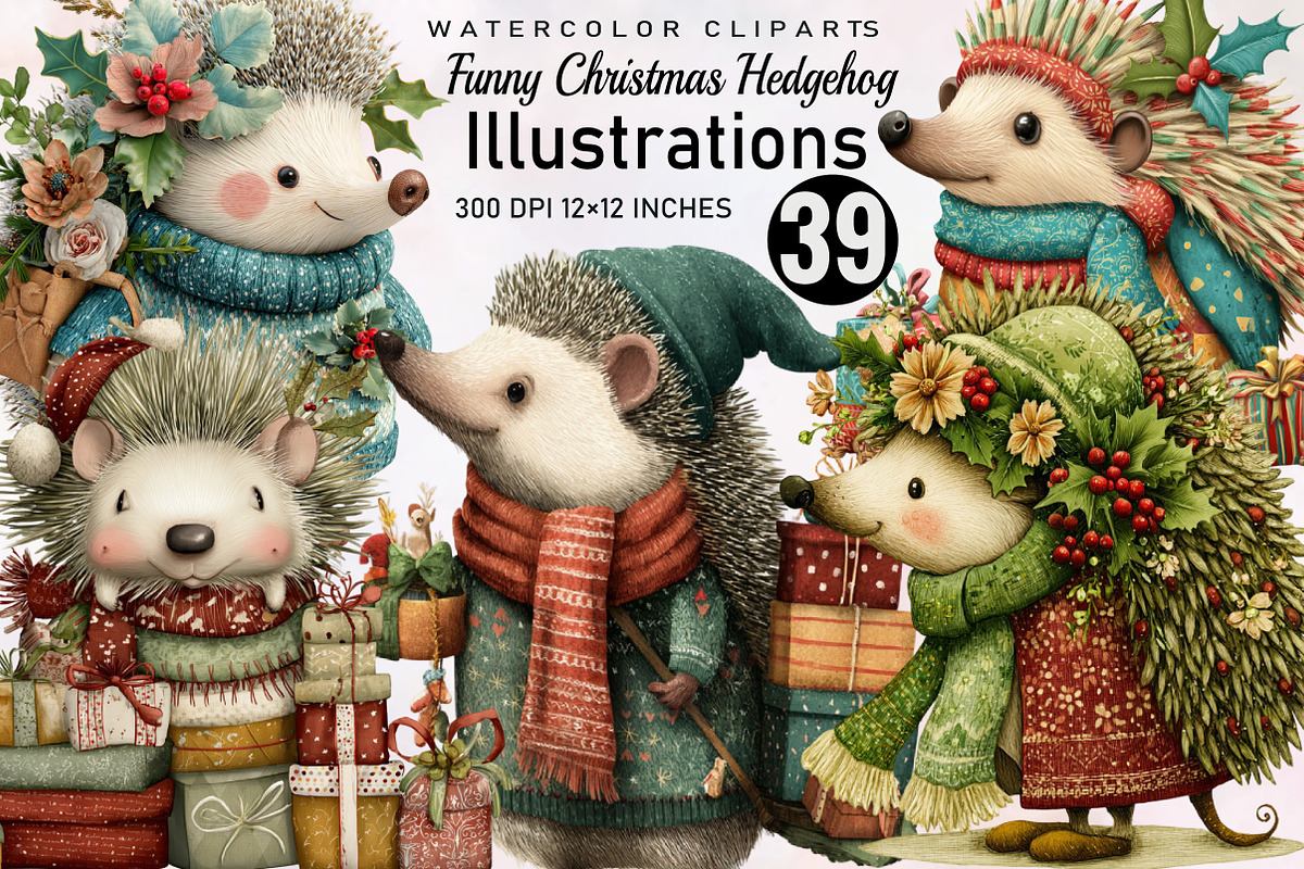 Funny Christmas Hedgehog Clipart, an Illustration by SVGArt (Photo 1 of 8)