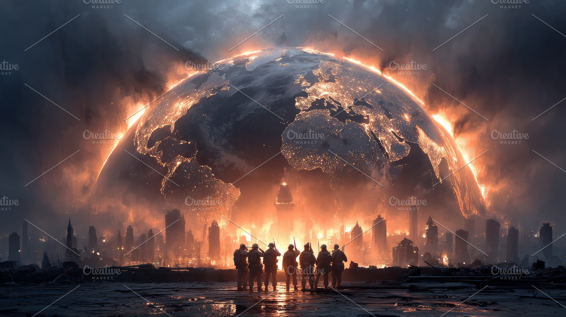Dramatic post-apocalyptic scene with glowing earth and silhouetted figures in r, a Photo by AS photostudio