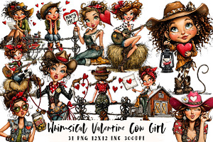 Whimsical Valentine Cow Girl Clipart, an Illustration by OK Design