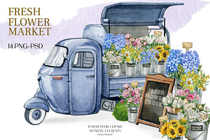 Watercolor flower market truck cart