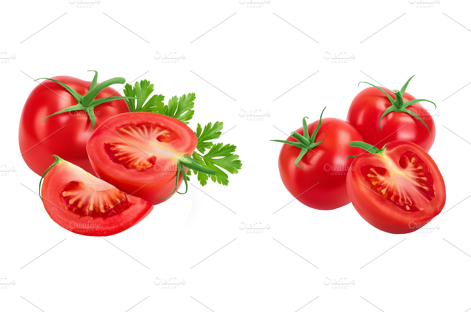 Tomato half and slice isolated on, a Food & Drink Photo by NataPhoto