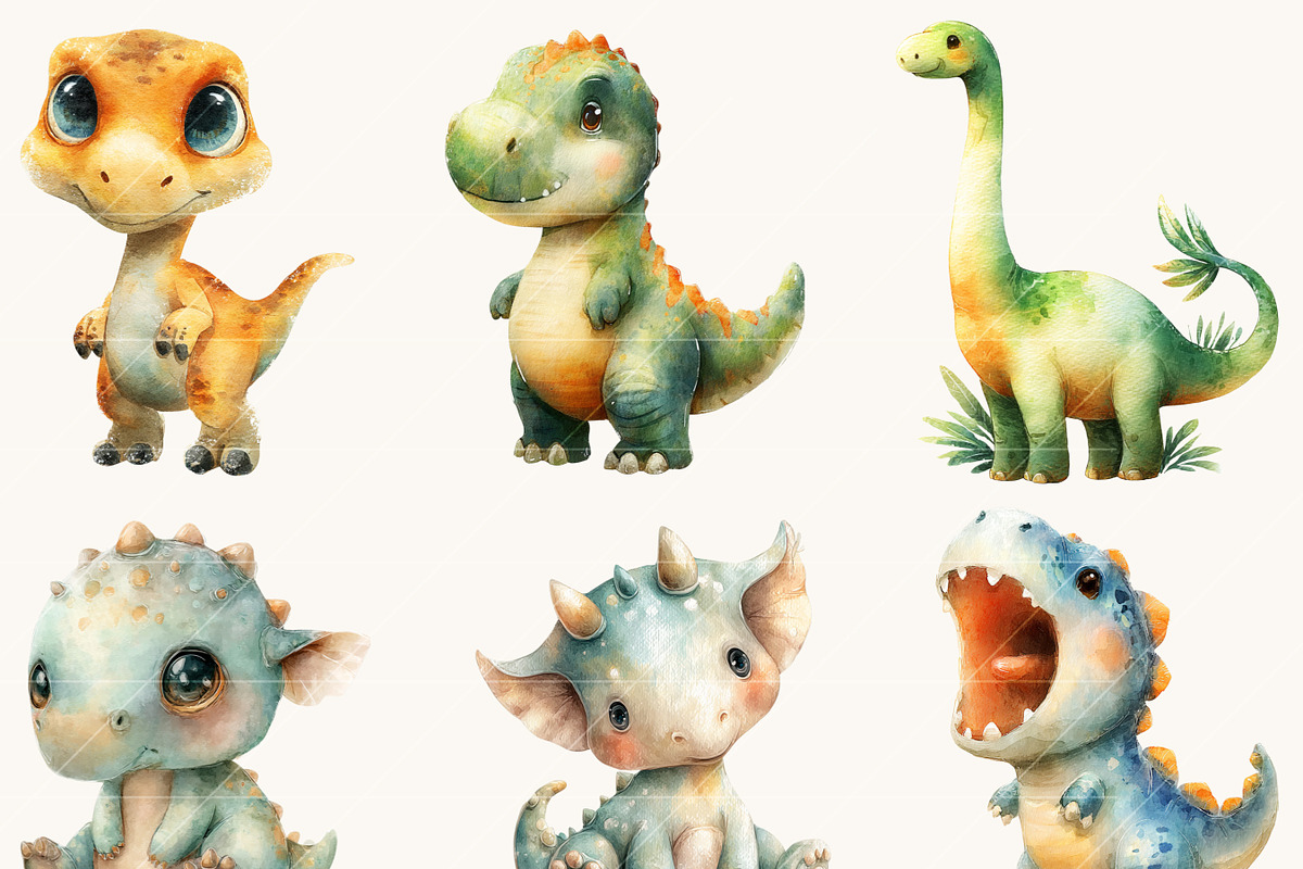 Watercolor Cute Dino Clipart, an Animal Illustration by Design Scotch (Photo 2 of 9)