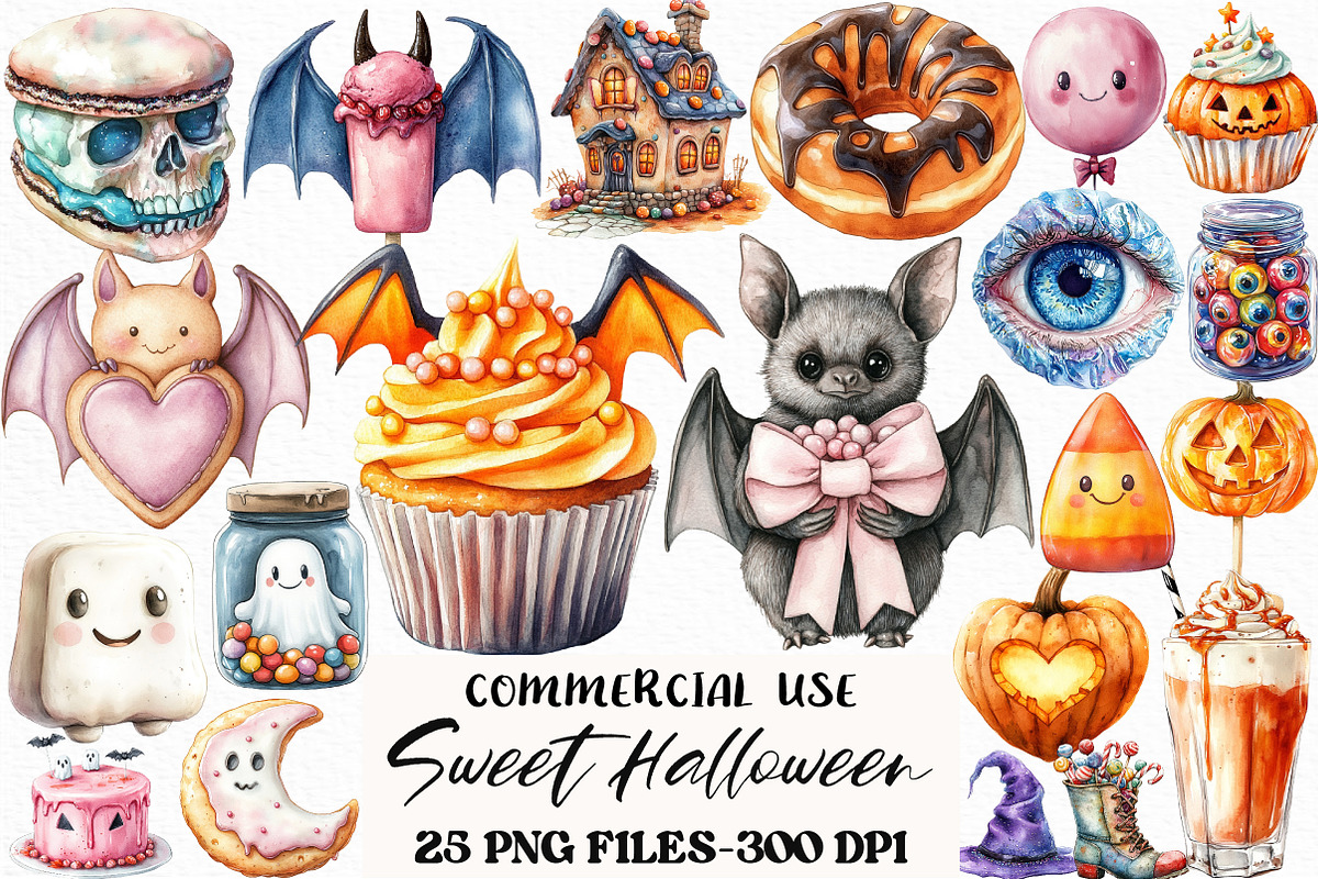 Watercolor Sweet Halloween Clipart, an Illustration by Craft Nest (Photo 1 of 6)