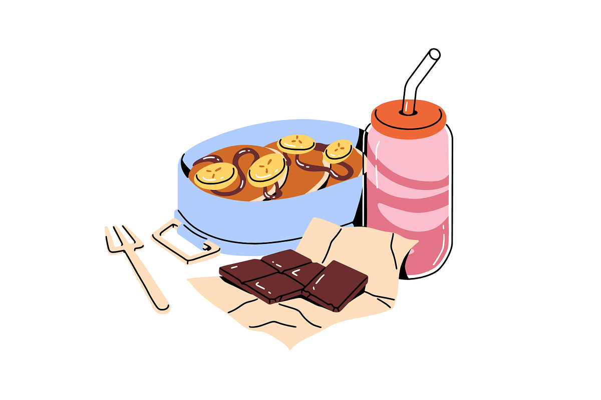 Lunchbox with food, drinks set, a Food Illustration by PaperTrident (Photo 7 of 15)