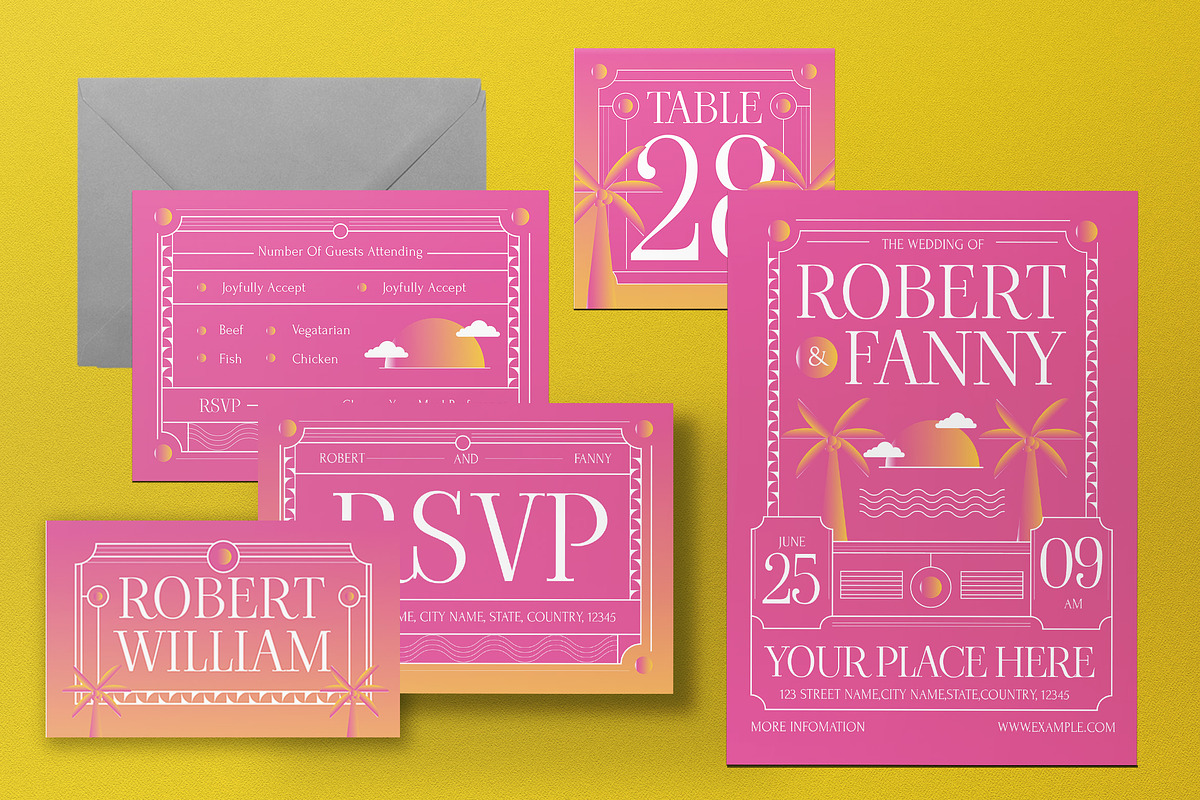 Pink Art Deco Wedding Invitation Set, an Invitation Template by graphicook (Photo 3 of 3)