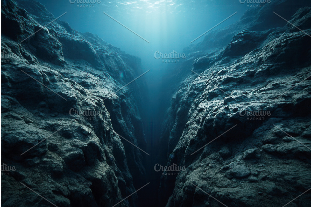 Underwater view of a deep ocean, an Illustration by Sergey Kotenev