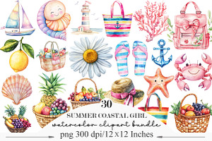 Preppy Summer Coastal Girl Clipart, an Illustration by Designking