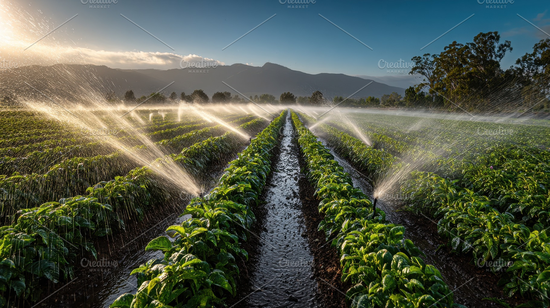 Sprinklers water lush green crop row, a Photo by Pavel_design