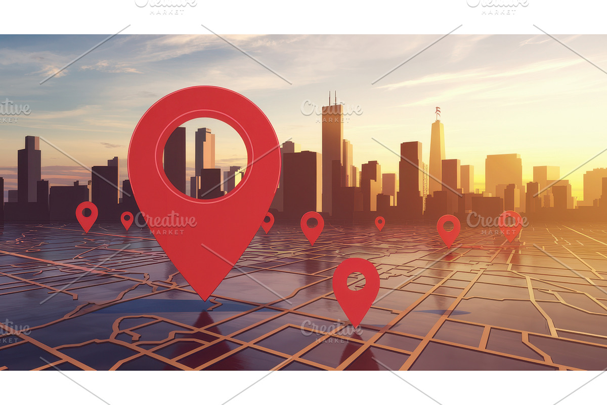 Red location pins over a city, an Illustration by tilialucida