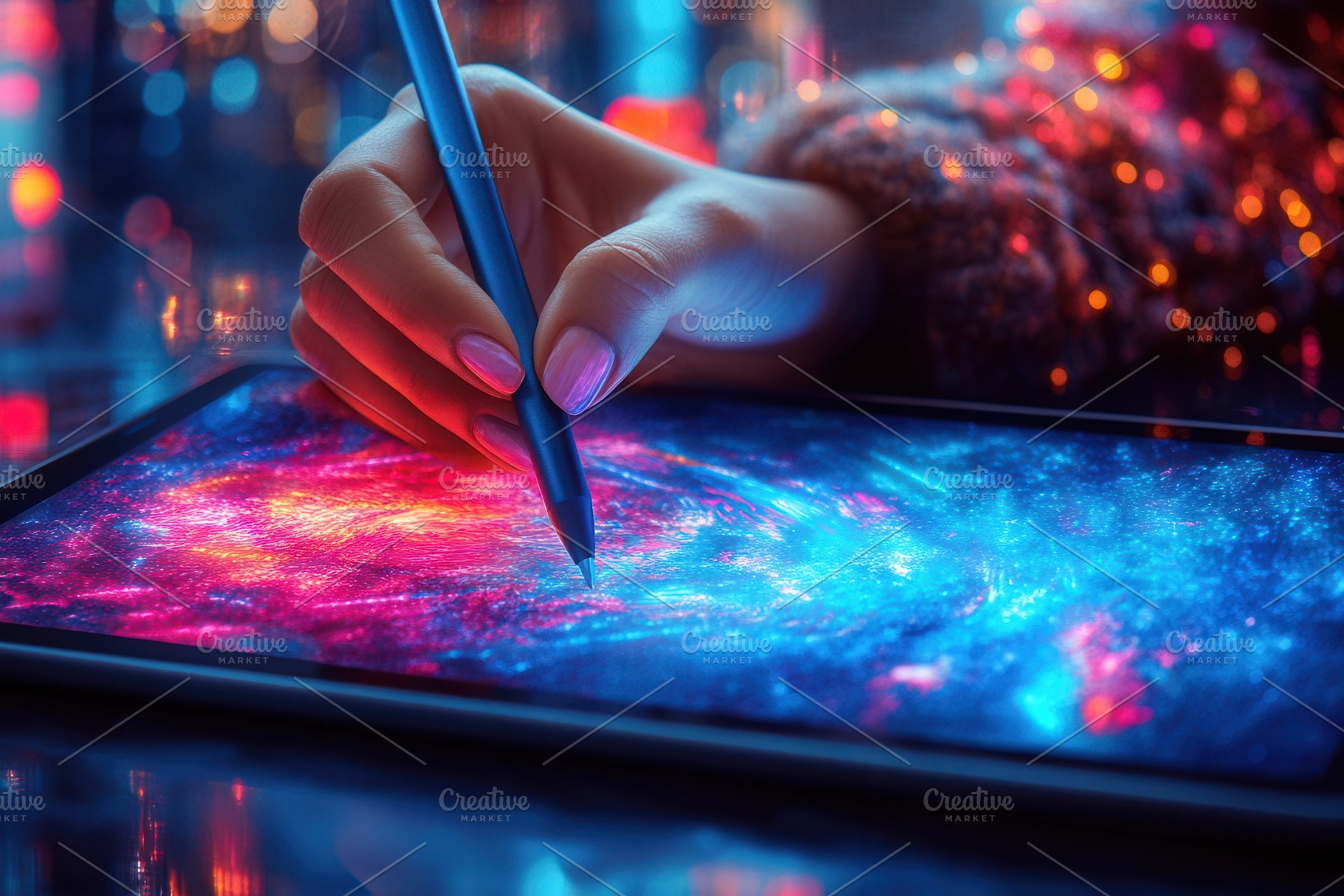Creating art on a digital tablet wit, a Photo by Tanuart