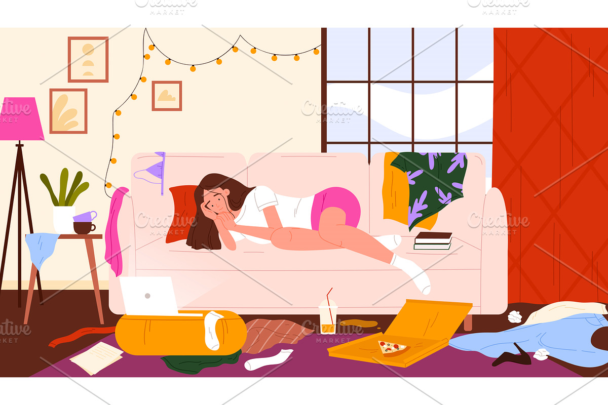 Lazy unmotivated woman lying on sofa, an Object Illustration by Flashvector
