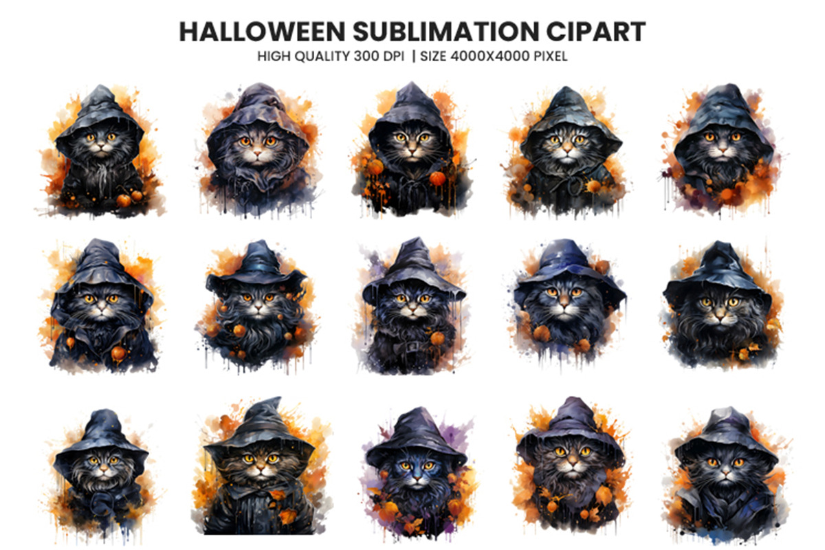 Halloween Cat Witch Clipart Bundle, a Seasonal Illustration by Creative Arslan (Photo 2 of 9)