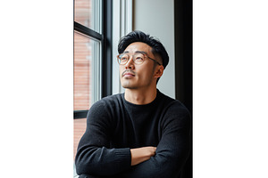Asian man with glasses gazes, a Person Photo by Sergey Kotenev