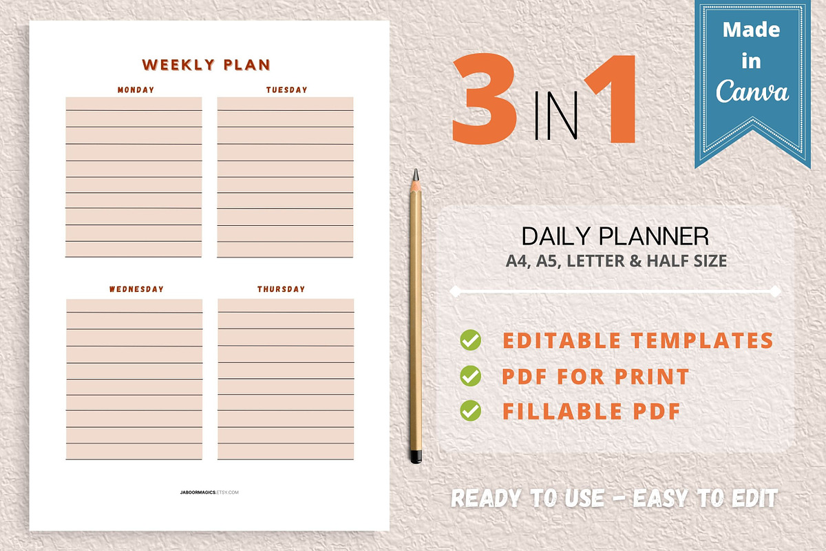 Weekly Planner Template, Canva, a Templates & Theme by Jaboor Magics ...