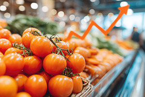 Ripe tomatoes with upward trend arrow, a Food & Drink Photo by AlyaAnd