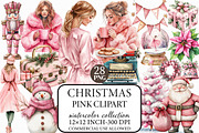 Watercolor Pink Christmas Clipart, an Illustration by Libby Wishes (Thumbnail 1 of 7)