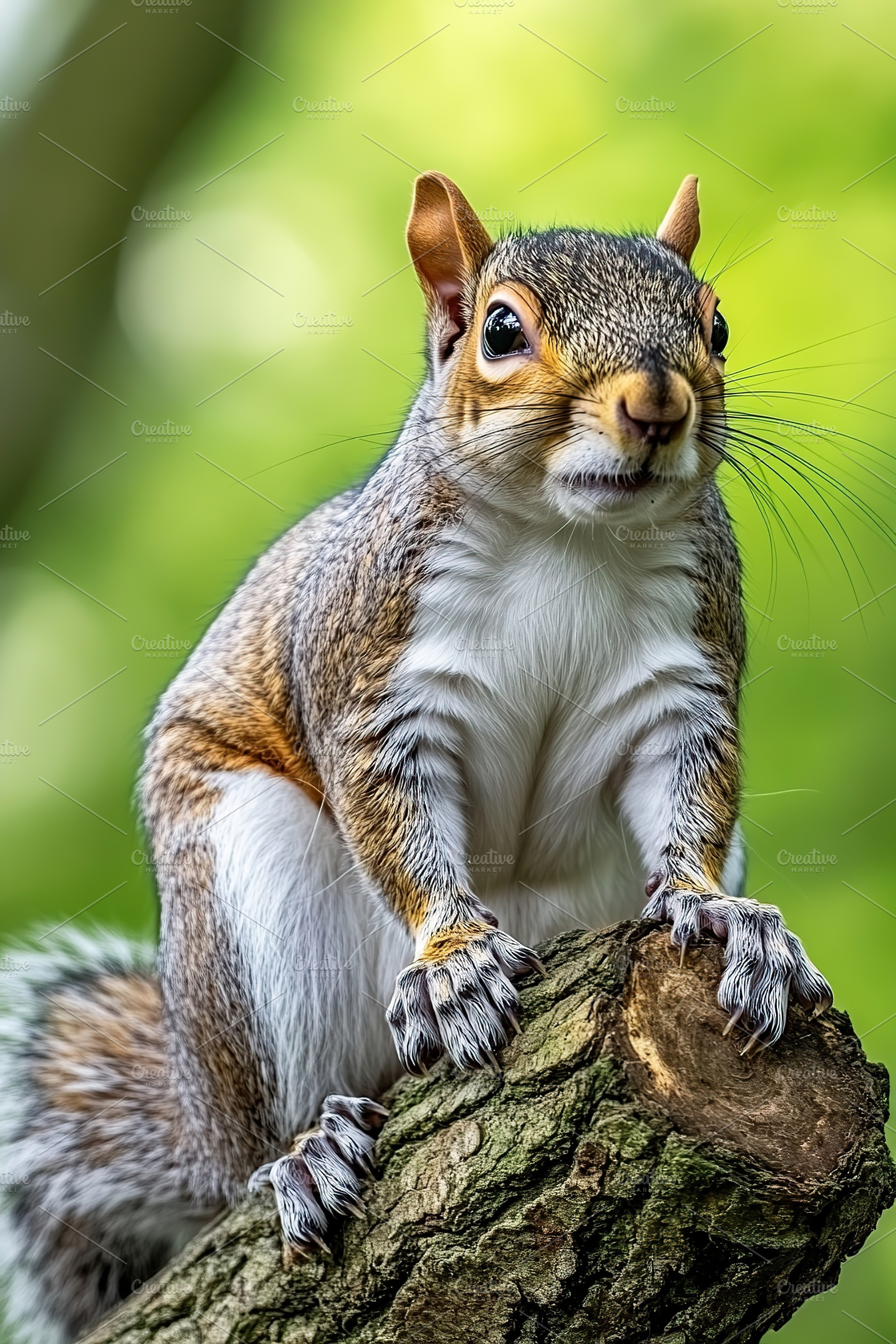 Squirrel perched on a tree branch in a lush green forest during daytime, an Animal Photo by AlyaAnd