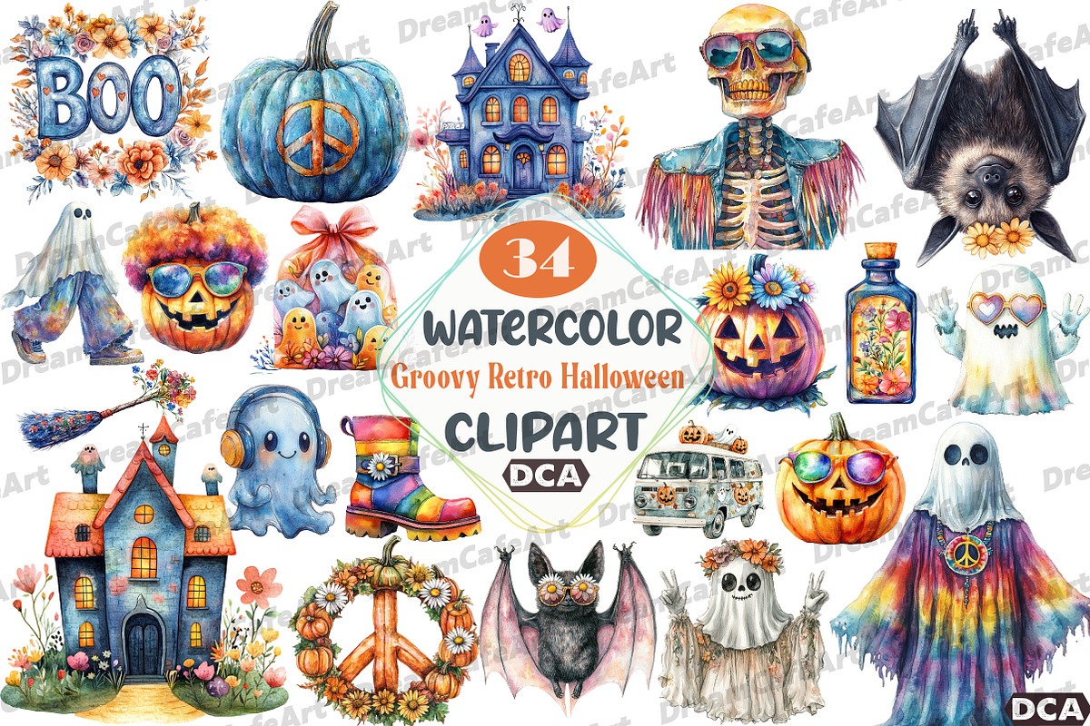 Groovy Retro Halloween Clipart, an Illustration by DreamCafeArt (Photo 1 of 7)