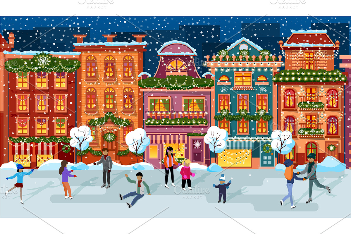 People at ice-skating outdoor rink, a Sport Illustration by robuart