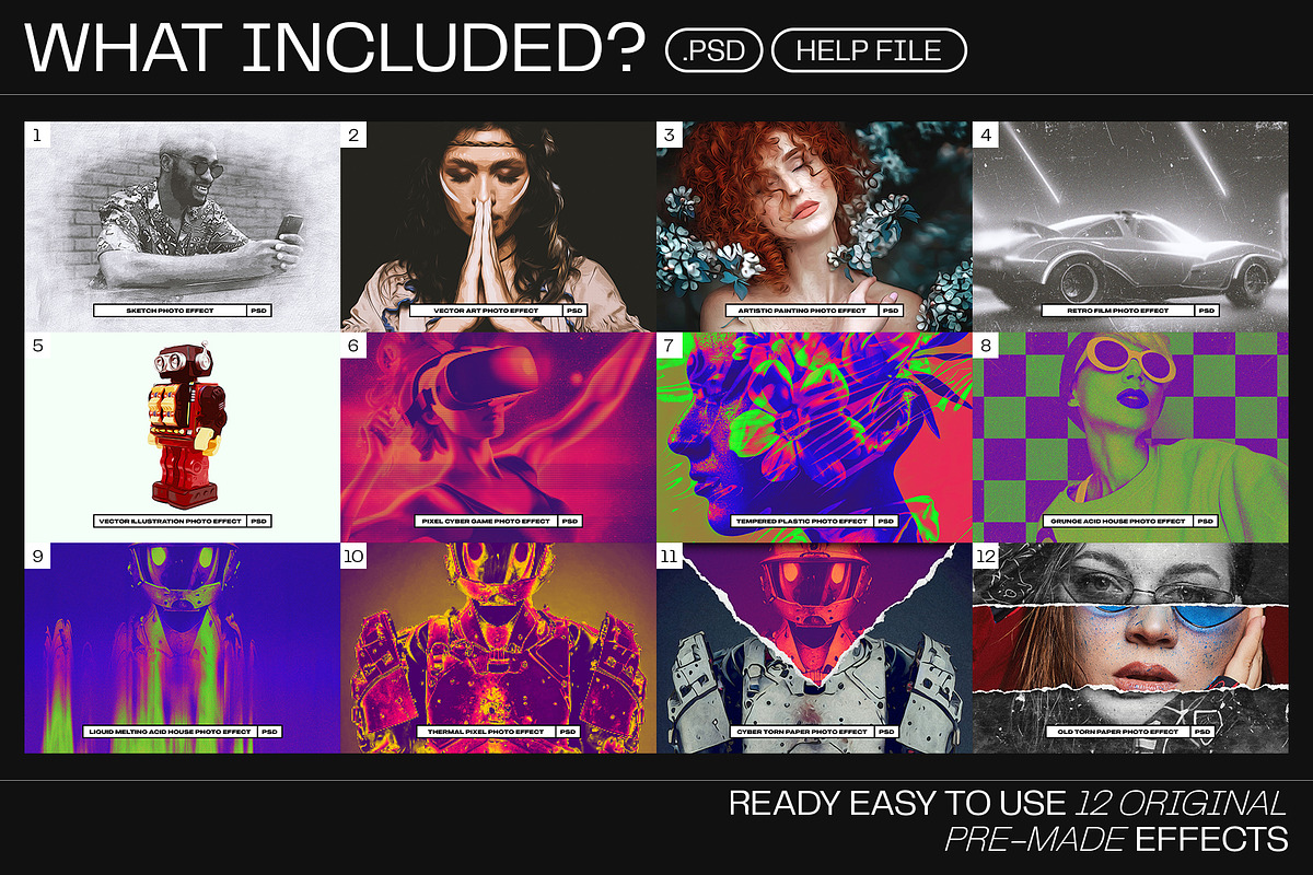 12 Photo Effect Templates, a Layer Style Add-On by iDoodle Studio