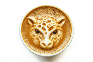 Cup of cappuccino with drawn cat face on white background, flat lay, a Food & Drink Photo by AlyaAnd
