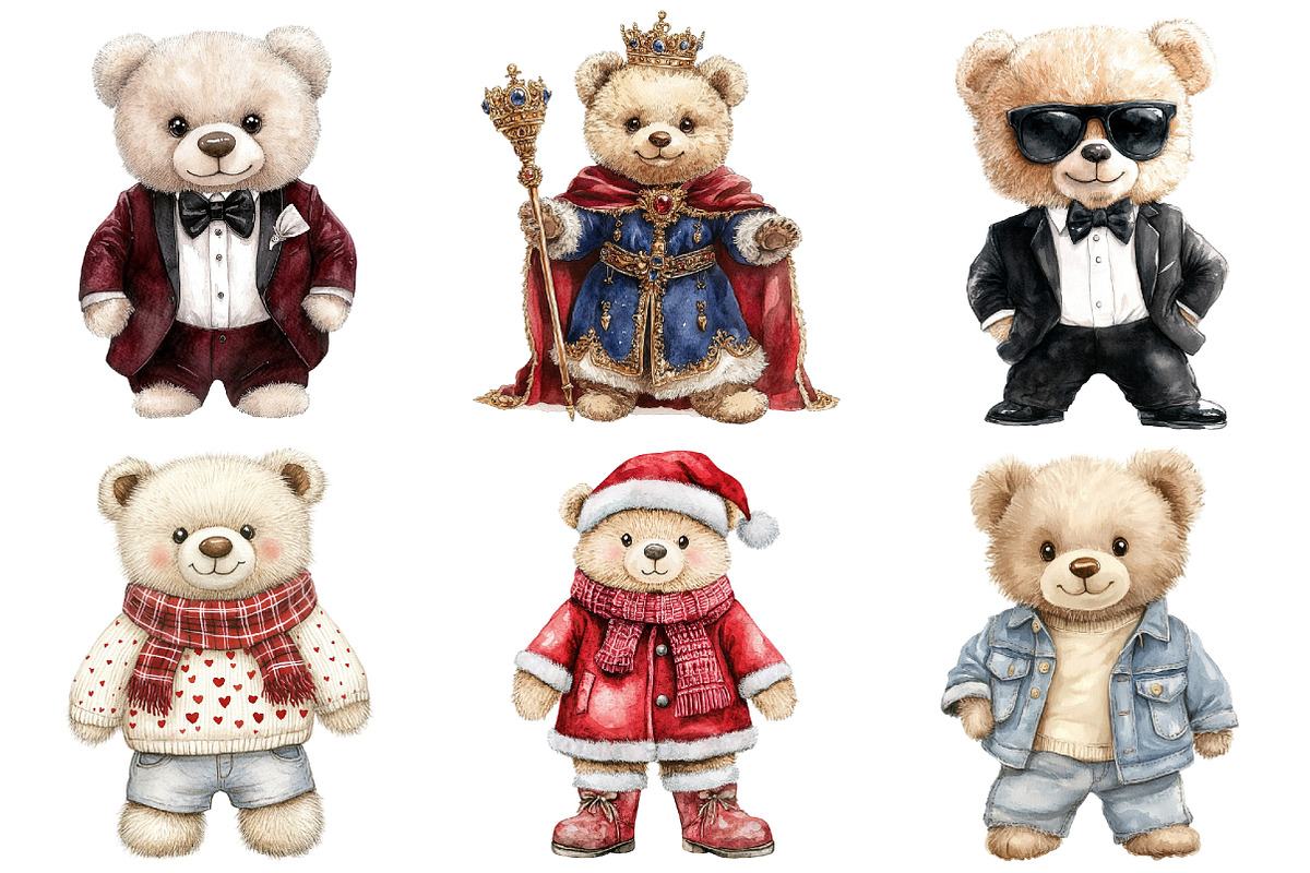 Watercolor Teddy Bear Clipart, a Seasonal Illustration by CitraGraphics (Photo 4 of 6)