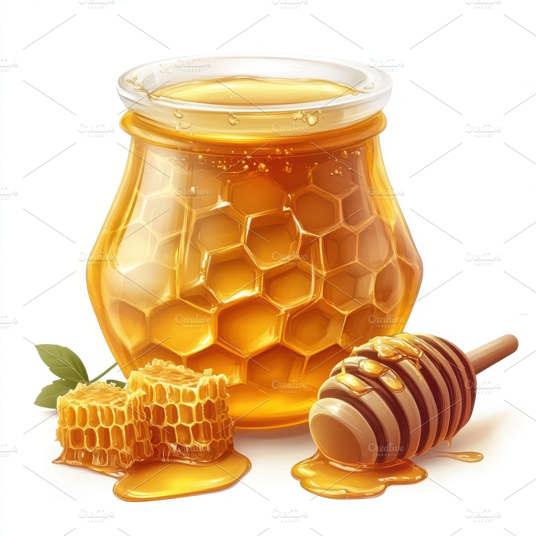 Glass jar of honey and wooden dipper, a Food & Drink Photo by Pixeness Studio