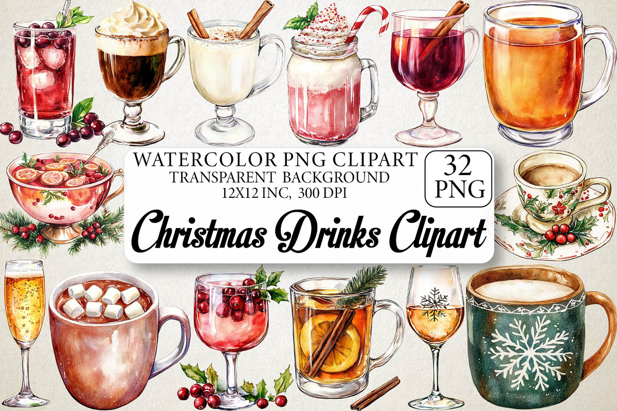 Watercolor Christmas Drinks Clipart, an Illustration by DreamPrint404 (Photo 1 of 7)