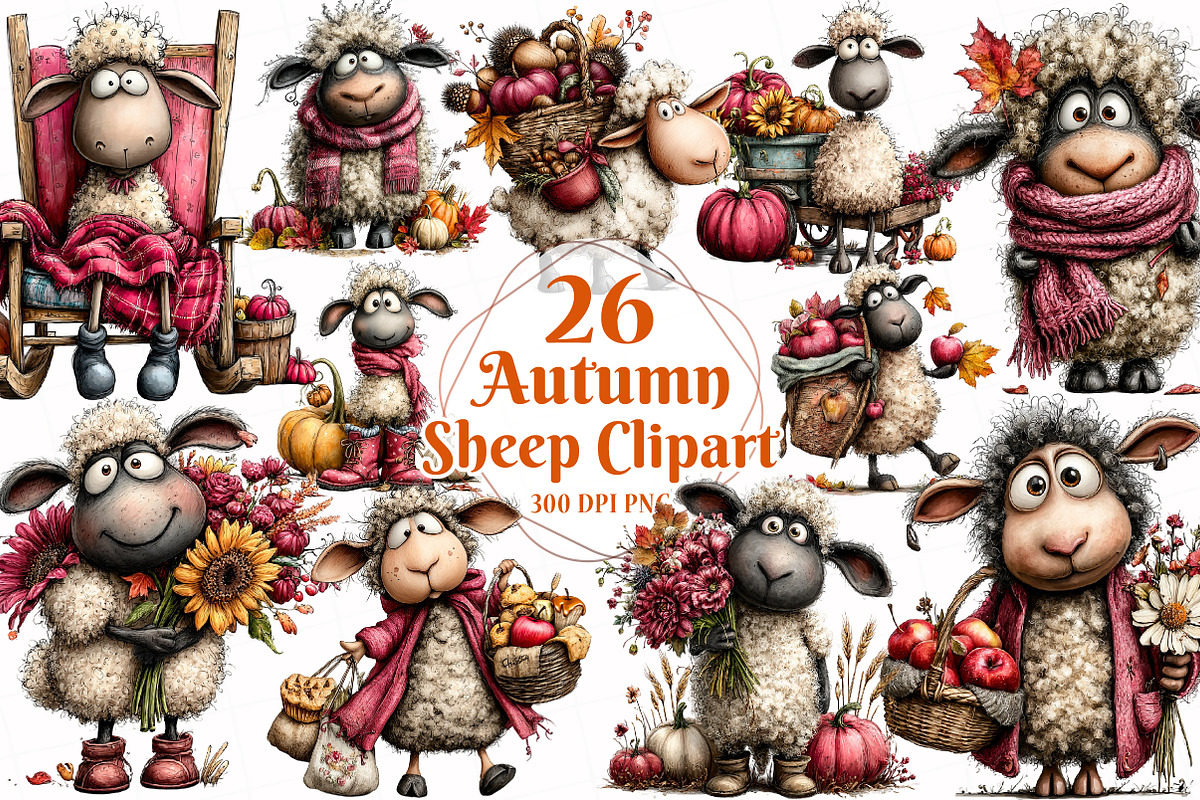 Quirky Autumn Sheep Clipart, a Seasonal Illustration by OK Design (Photo 1 of 6)