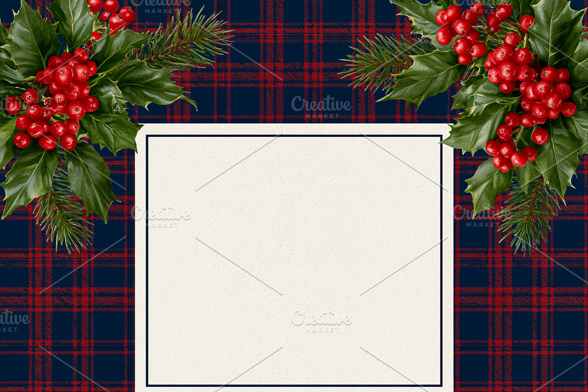 Christmas plaid background with holly, pine branches, and blank, an Illustration by Studio ANNA