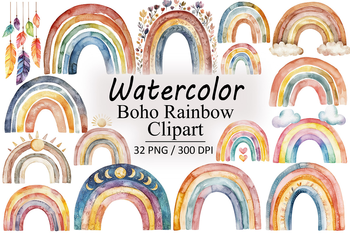 Boho Rainbow PNG Clipart Bundle, an Illustration by Design Market (Photo 1 of 3)