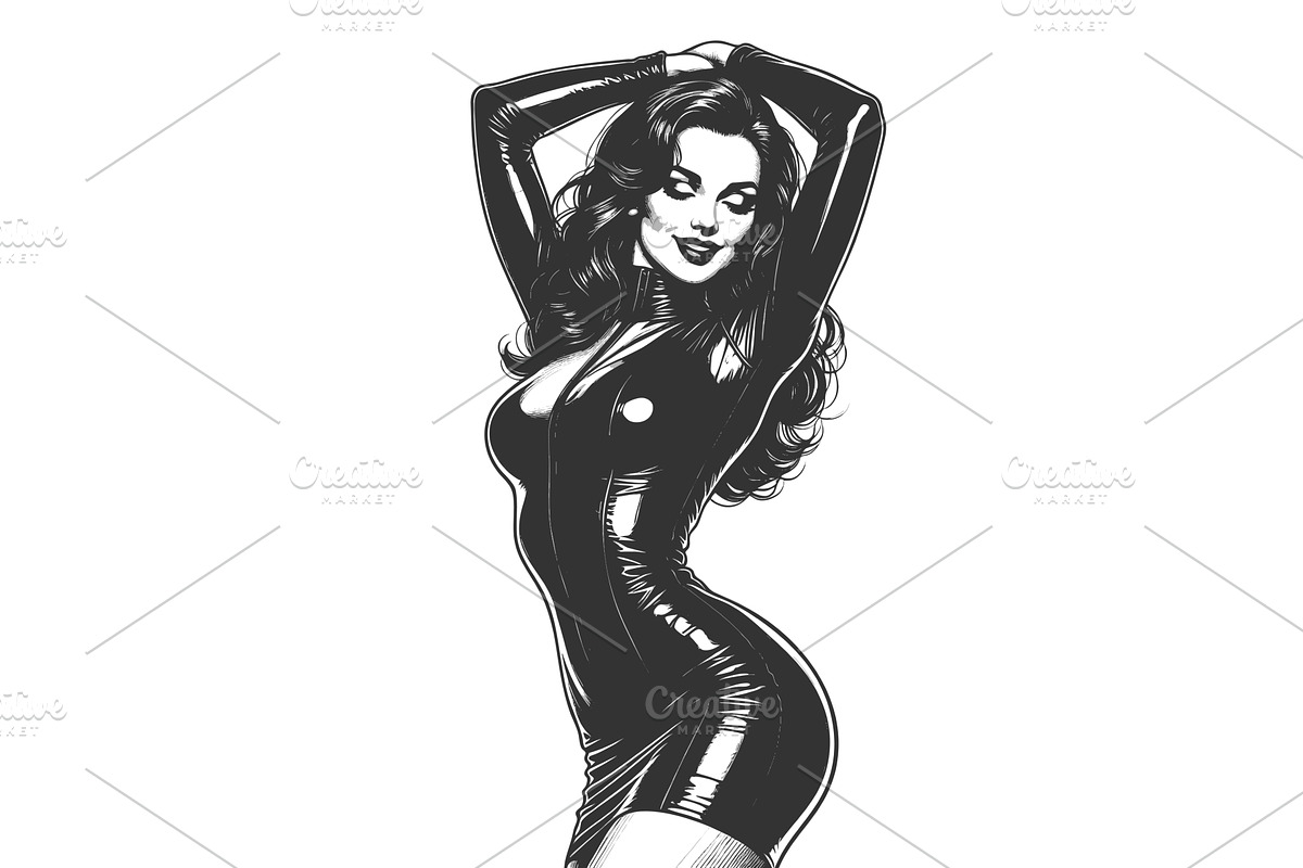 woman in black latex dress engraving, a Person Illustration by AlexArt