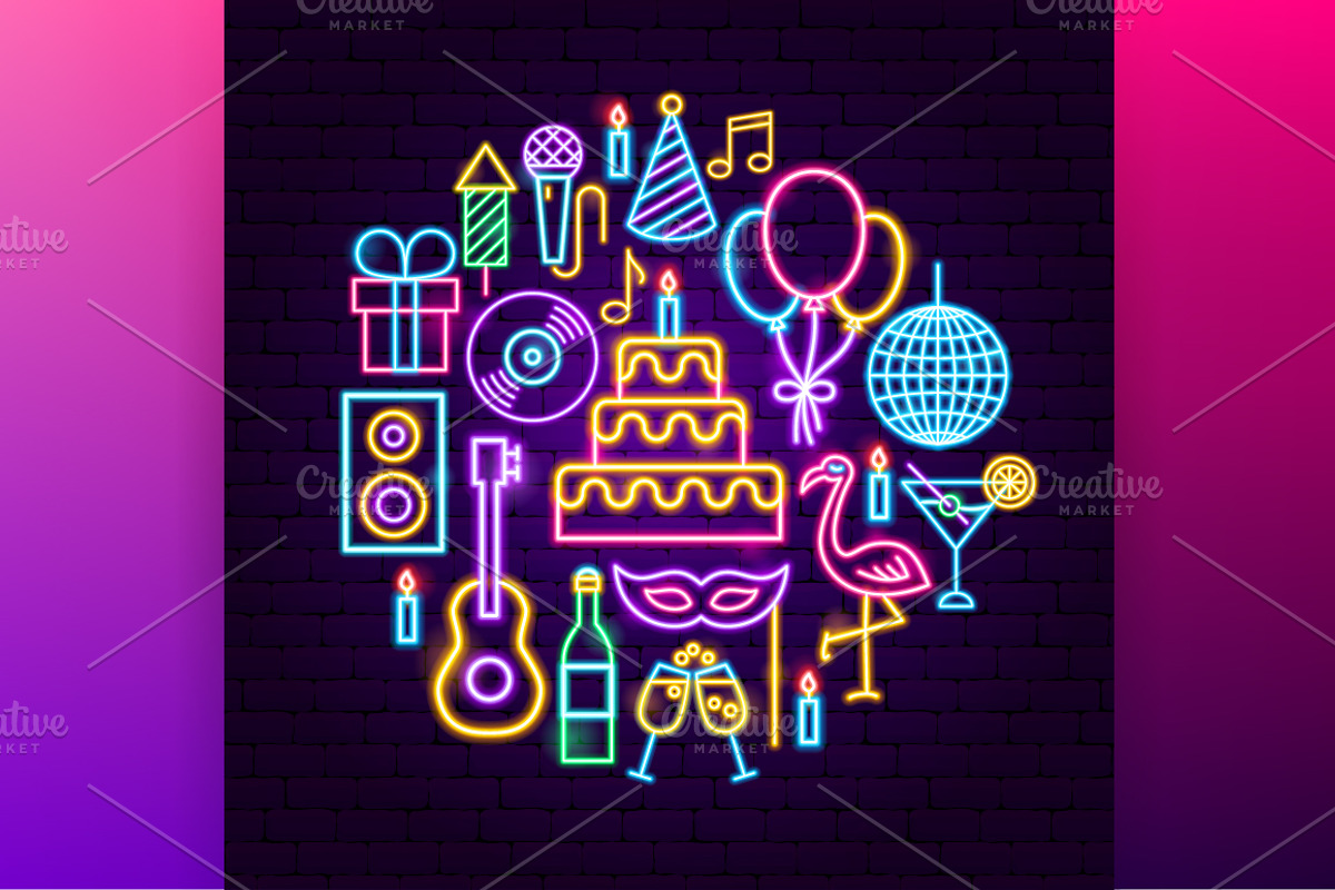 Happy Birthday Vector Neon Icons, an Outline Icon by Anna_leni (Photo 5 of 8)