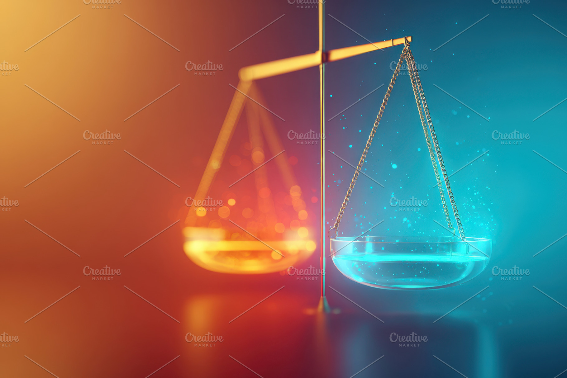 Colorful balance scale with orange and blue powders, an Abstract Photo by AlyaAnd
