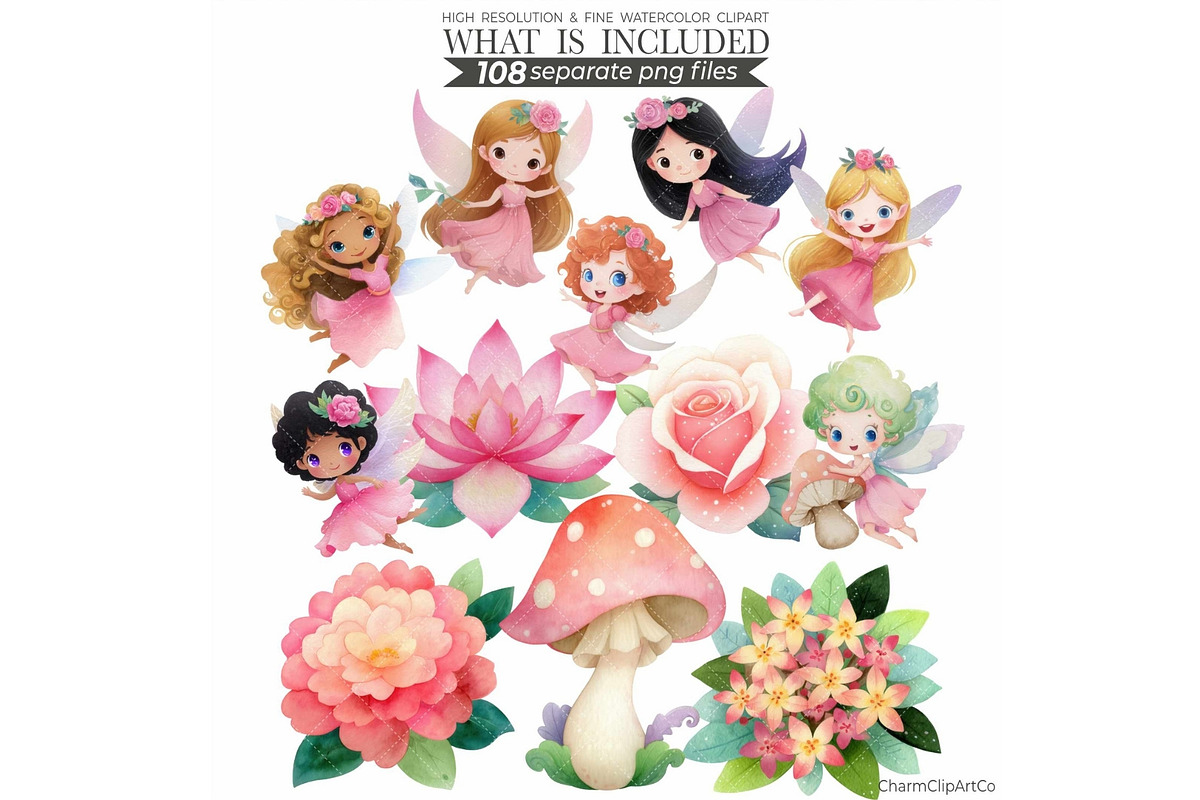 Watercolor Pink Fairy Clipart Bundle, an Illustration by CharmClipart (Photo 8 of 9)