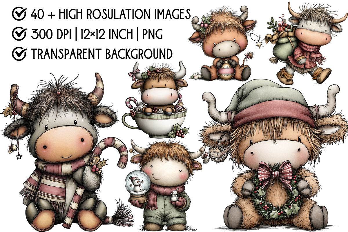 Whimsical Christmas Highland Cow, an Illustration by Pixels.Craft (Photo 2 of 6)
