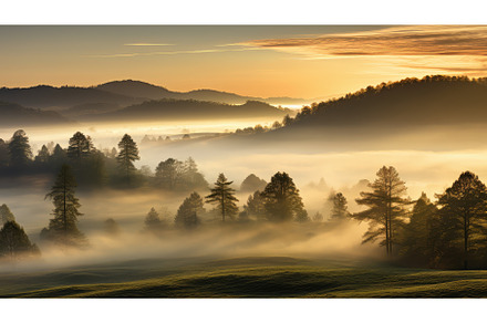 dawn valley wood fog landscape ai, a Nature Photo by pikepicture