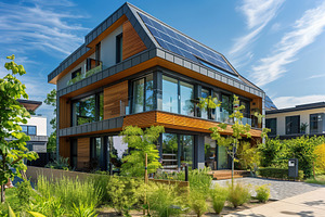 Large eco house with solar panels and green plant, a Photo by AlyaAnd