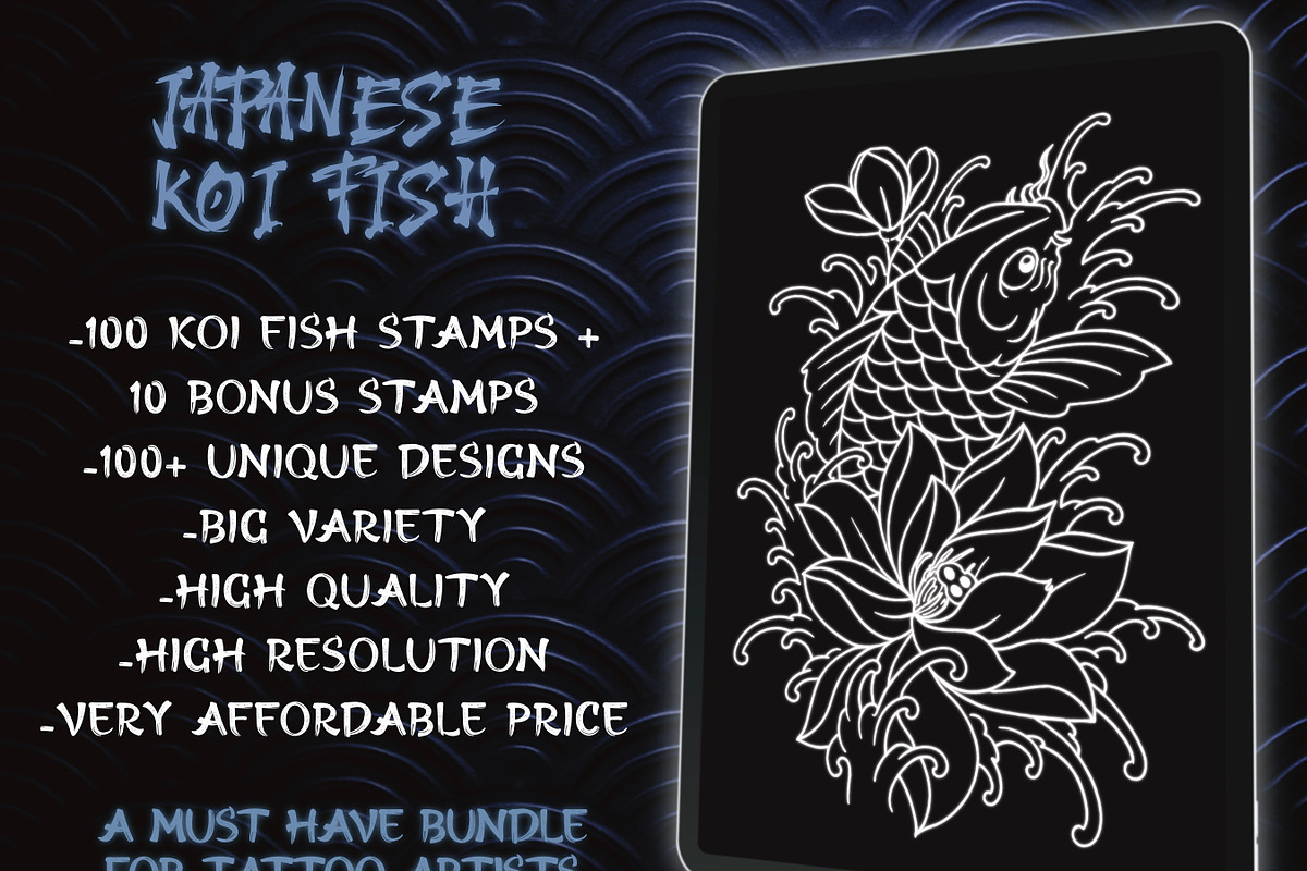 100 Japanese Koi Fish Tattoo Stencil, a Brush Add-On by ProcreateInk (Photo 2 of 7)