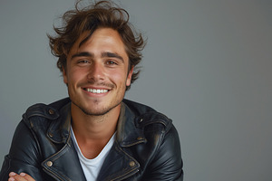 Smiling Caucasian male with tousled hair wearing a leather jacket against a neu, a Person Photo by ImageMir