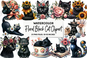 Watercolor Floral Black Cat Clipart, an Illustration by DreamArtGraphic